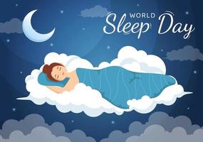ilustração do dia mundial do sono em 17 de março com pessoas dormindo e o planeta Terra em planos de fundo do céu cartoon plano desenhado à mão para modelos de página de destino vetor