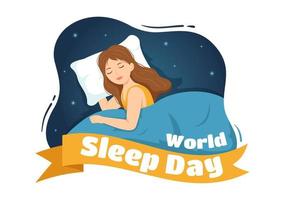 ilustração do dia mundial do sono em 17 de março com pessoas dormindo e o planeta Terra em planos de fundo do céu cartoon plano desenhado à mão para modelos de página de destino vetor