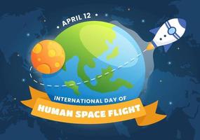 dia internacional do voo espacial humano em 12 de abril ilustração com astronauta de foguete e crianças em desenho animado desenhado à mão para modelos de página de destino vetor