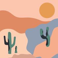 ícone desenhado à mão plano abstrato, adesivo, botão com deserto, sol, cactos em cores suaves vetor