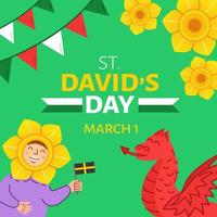 banner de decorações do dia de são david do país de gales. símbolo nacional do país de Gales um dragão vermelho e humano em chapéus de narciso. vetor
