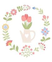 quadro de cartão postal de primavera. buquê de tulipas no regador de jardim e variedade de flores. ilustração vetorial. elementos isolados em estilo plano para design, decoração, cartões postais e impressão. vetor