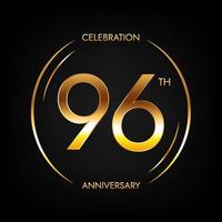 96º aniversário. banner de comemoração de aniversário de noventa e seis anos na cor dourada brilhante. logotipo circular com design numérico elegante. vetor