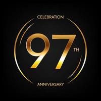 97º aniversário. banner de comemoração de aniversário de noventa e sete anos na cor dourada brilhante. logotipo circular com design numérico elegante. vetor
