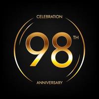 98º aniversário. banner de comemoração de aniversário de noventa e oito anos na cor dourada brilhante. logotipo circular com design numérico elegante. vetor