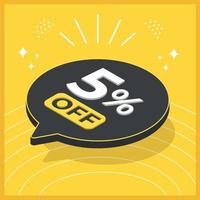 5% de desconto. balão flutuante 3d com promoção para vendas em fundo amarelo vetor