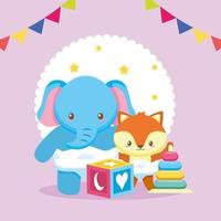 cartão de chá de bebê com elefante fofo e raposa vetor