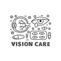 cartaz com ícones de oftalmologia de contorno de letras e doodle. vetor