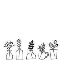 cartaz com doodle plantas selvagens, ervas, galhos, bagas em vasos, potes, potes. vetor