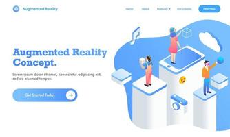 design de página da web de conceito de realidade aumentada com usuário usando aplicativo de mídia social virtual em plataforma diferente, ilustração 3d. vetor