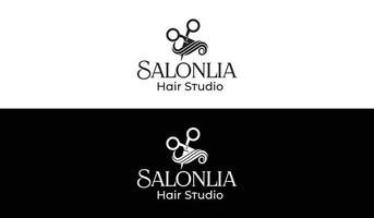 logotipo do salão de corte de cabelo com design de ilustração vetorial de tesoura e cabelo. vetor