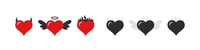 ícones de corações. corações com asas, chifres e fogo. símbolos do amor. corações de emoticons. imagens vetoriais vetor