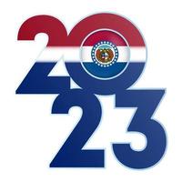 Banner de 2023 com a bandeira do estado de Missouri dentro. ilustração vetorial. vetor