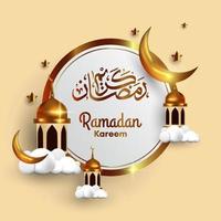 fundo dourado ramadan kareem 3d com lua, estrelas, cúpula, nuvem e caligrafia árabe. ilustração vetorial islâmica vetor