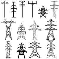 Conjunto de vetores de ícone de torre de eletricidade. coleção de sinais de ilustração de torre de transmissão. símbolo de linhas de energia. logotipo de linhas elétricas.