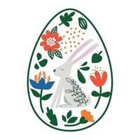 ovo de páscoa branco pintado com flores e coelhinhos em um fundo branco. clipart festivo vetor