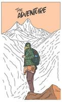 paisagem com personagem de turista ou alpinista em pé no penhasco vetor