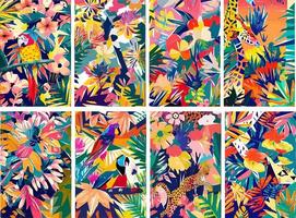 selva de safári colorida com folhas tropicais, animais, pássaros e flores exóticas. ilustração vetorial. vetor