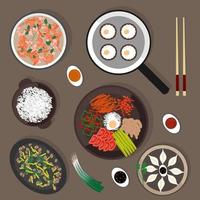 cozinha nacional chinesa, cogumelos com ovos, camarão com legumes, bolinhos, arroz, feijão frito, cortes de legumes. ilustração vetorial. vetor