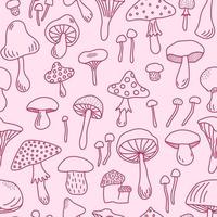 padrão sem emenda na cor da moda magenta viva. diferentes tipos de ilustrações desenhadas à mão de cogumelos em um fundo rosa. adequado para impressão. vetor