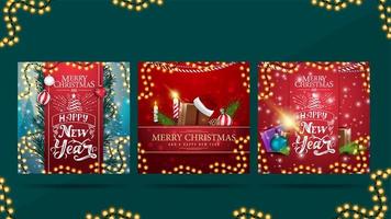 conjunto de saudação quadrados postais de Natal com belas inscrições e presentes de Natal. cartões de natal prontos para imprimir vetor
