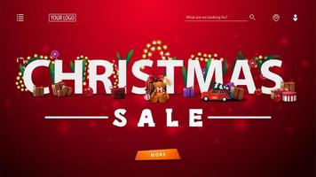 venda de natal, banner de desconto vermelho com grande manchete branco 3d decorado com presentes, galhos de árvores de natal, doces e guirlandas, grande oferta e botão. vetor