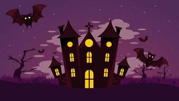 cartão de feliz festa de halloween com castelo assombrado e morcegos voando vetor