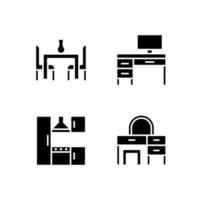 compra de ícones de glifo preto de móveis definidos no espaço em branco. móveis para cozinha e quarto. mesa de jantar. área de trabalho. símbolos de silhueta. pacote de pictograma sólido. ilustração vetorial isolada vetor