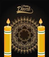 feliz celebração diwali com duas velas e mandala dourada vetor