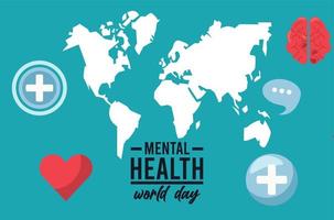 campanha do dia mundial da saúde mental com mapas terrestres e coração vetor
