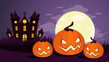 cartão de feliz festa de halloween com castelo assombrado e abóboras vetor