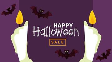 cartão de feliz festa de halloween com morcegos voando e velas vetor