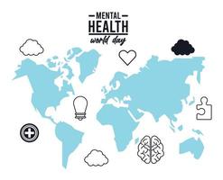 campanha do dia mundial da saúde mental com mapas terrestres e ícones de estilo de linha vetor