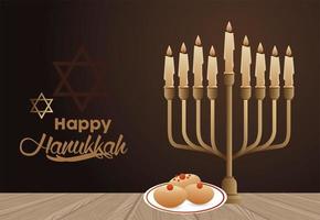 feliz celebração de hanukkah com candelabro e comida no prato vetor