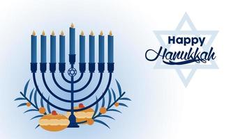 feliz festa de hanukkah com candelabro e comida vetor