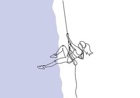 esporte radical um desenho de linha. garota fazendo escalada com uma corda. conceito de tema adrenalina minimalismo contínuo, minimalismo de ilustração vetorial. vetor