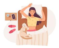 mulher dorme. uma jovem está dormindo na cama com um gato. relaxe no quarto. ilustração em vetor plana.