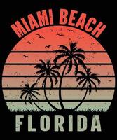 impressão de camiseta de Miami Beach Florida com palmeira, design de camiseta, arte vetorial de praia para o verão, design de impressão gráfica vintage de vibes de praia para vestuário e outros. vetor