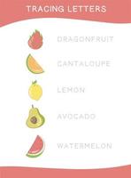 rastreamento de letras. traçando nomes de planilha de nomes de frutas. prática da escrita. planilha colorida imprimível educacional. arquivo vetorial. vetor