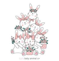 esboço dos desenhos animados de lindos coelhos e florais. estilo desenhado à mão. vetor
