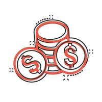 ícone de pilha de moedas em estilo cômico. ilustração em vetor desenho animado moeda dólar no fundo branco isolado. conceito de negócio de efeito de respingo empilhado de dinheiro.