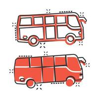 ícone de ônibus em estilo cômico. ilustração em vetor treinador dos desenhos animados no fundo branco isolado. conceito de negócio de efeito de respingo de veículo autobus.