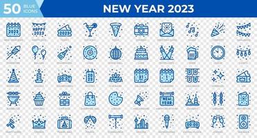 ícones do ano novo 2023 no estilo azul. calendário, confete, pizza. coleção de ícones de linha azul. símbolo de férias. ilustração vetorial vetor