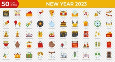 ícones do ano novo 2023 em estilo plano. calendário, confete, pizza. coleção de ícones plana. símbolo de férias. ilustração vetorial vetor