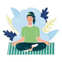 a mulher está meditando. ficar em casa. ioga. Atividades esportivas. ilustração vetorial em um estilo moderno simples. vetor