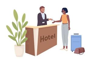 quarto de reserva de mulher em personagens vetoriais de cores semi planas do hotel. recepcionista entregando as chaves ao hóspede. pessoas editáveis em branco. ilustração simples de estilo cartoon para web design gráfico e animação vetor