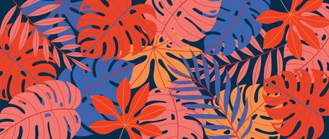 tropical colorido deixa ilustração vetorial de fundo. plantas da selva, folhagem de palmeira monstera, fundo de estilo havaiano de verão de floresta tropical exótica. design contemporâneo para decoração de casa, papel de parede. vetor