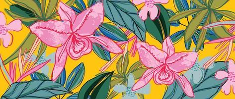 ilustração em vetor fundo tropical colorido. flores da selva, folhas de palmeira, estilo exótico de verão com textura de arte de linha grunge e rabisco. design contemporâneo para decoração de casa, papel de parede.