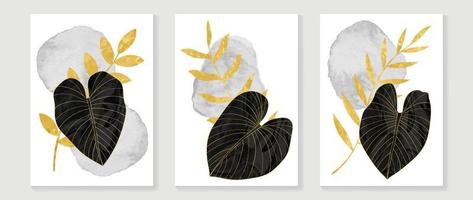 conjunto de vetores de arte de parede de folhas tropicais de ouro de luxo. folhagem de selva exótica botânica, folhas de palmeira natural, arte de linha dourada e fundo de textura aquarela. design para decoração de casa, spa, cobertura.