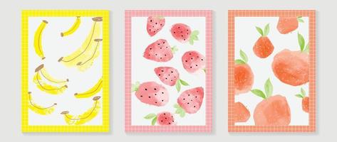 Conjunto de vetores de fundo de arte de parede de frutas frescas. banana em aquarela de frutas tropicais, morango e laranja no quadro de grade pastel. design de temporada de primavera e verão para decoração de casa, interior, papel de parede, tecido.